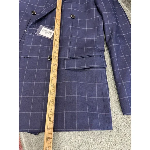 French Crown Men's 42 Blue Windowpane Pattern Wool Rich Double Breasted Suit NEW